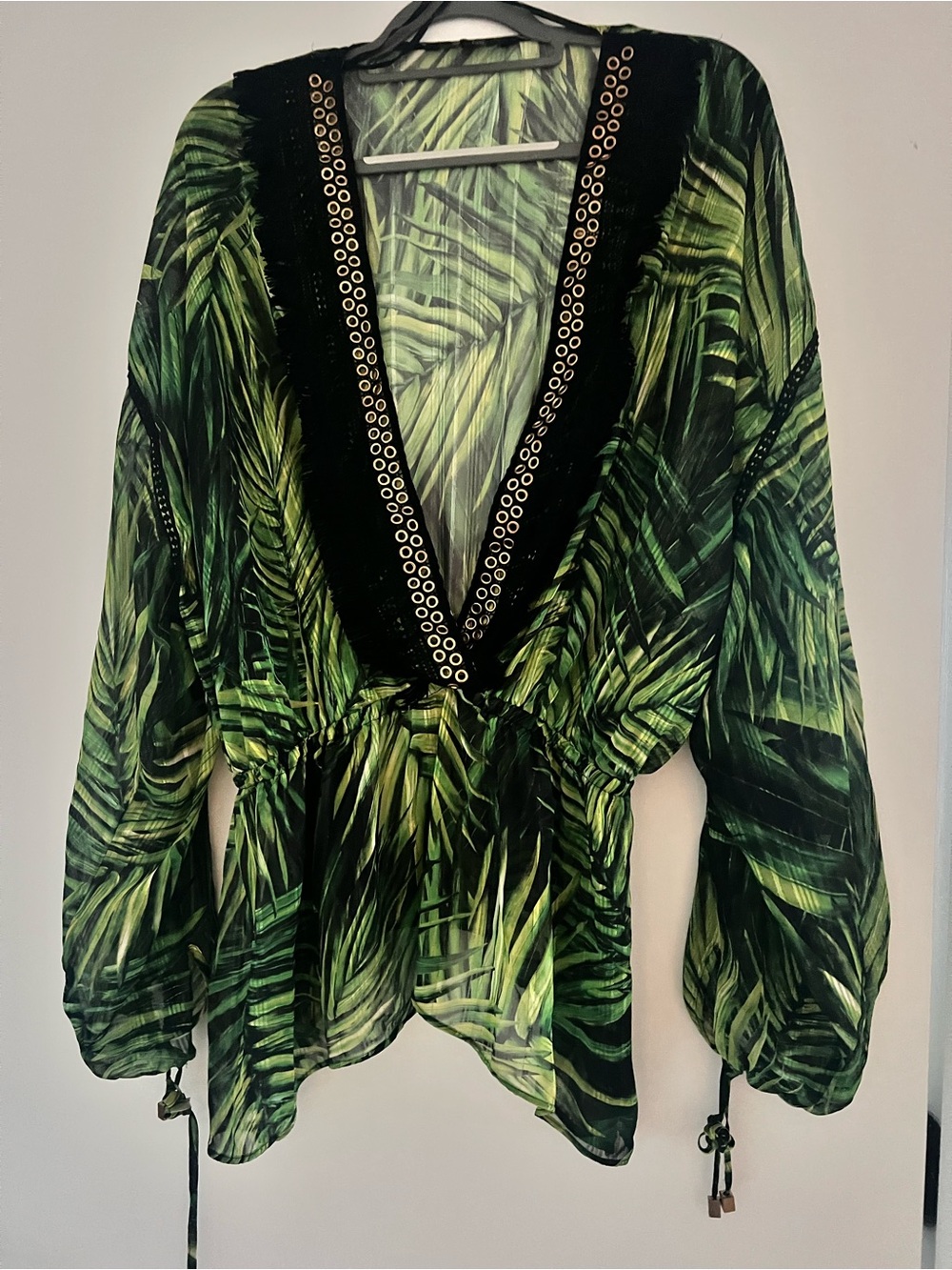 Palm-Print Green V-Neck Tunic with Eyelet Trim